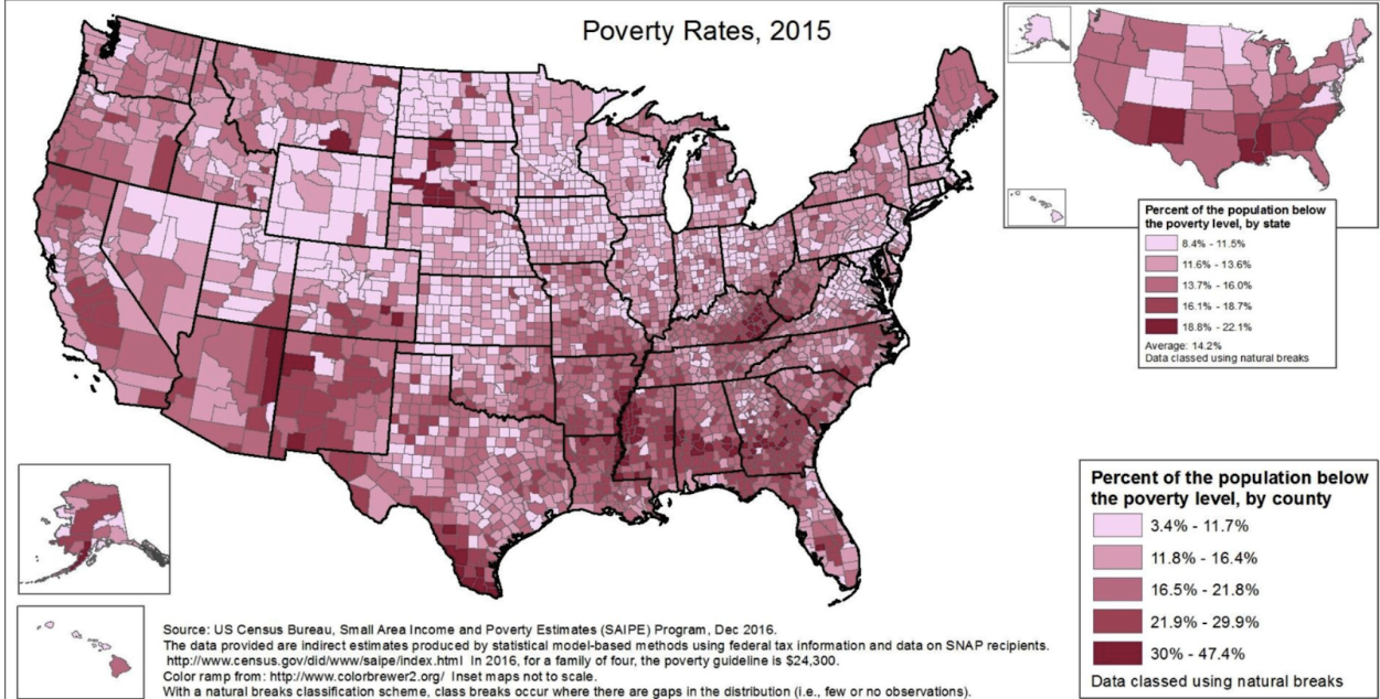 Choropleth map of poverty rates by county in 2015 (source: Centers for Disease Control and Prevention)